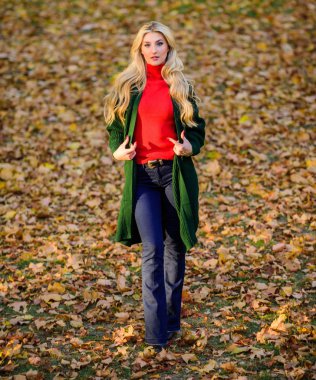 Çok sıcak ve rahat hissediyorum. Kadın parkta yürürken uzun yün hırka giyer. Sonbahar moda sıcak hırka. Sonbahar moda hırka. Yumuşak yün veya kaşmir hırka ile Kız şık kıyafeti