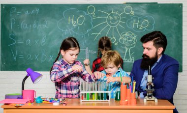 Okul kulübü eğitimi. Maddelerin özelliklerini birlikte keşfedin ve keşfedin. İlgi alanları ve konu kulübü. Öğretmen ve öğrenciler sınıfta test tüpleri. Büyük çocuklar daha genç yardım. Kimya temalı kulüp