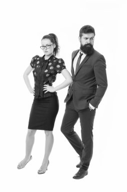 İş adamları. Patron ve çekici bayan asistan beyaz arka plan. İş ilişkileri. Resmi moda kıyafetleri. İş ortakları sakallı erkek ve kadın iş konferansına ya da toplantıya giderler
