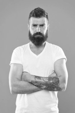 Güven ifade ediyorum. Kendine güvenen bir adam. Acımasız adam uzun sakal ve bıyık. Hipster sakallı beyaz adam. Moda saç kesimi olan sakallı adam. Sakal veya değil sakal