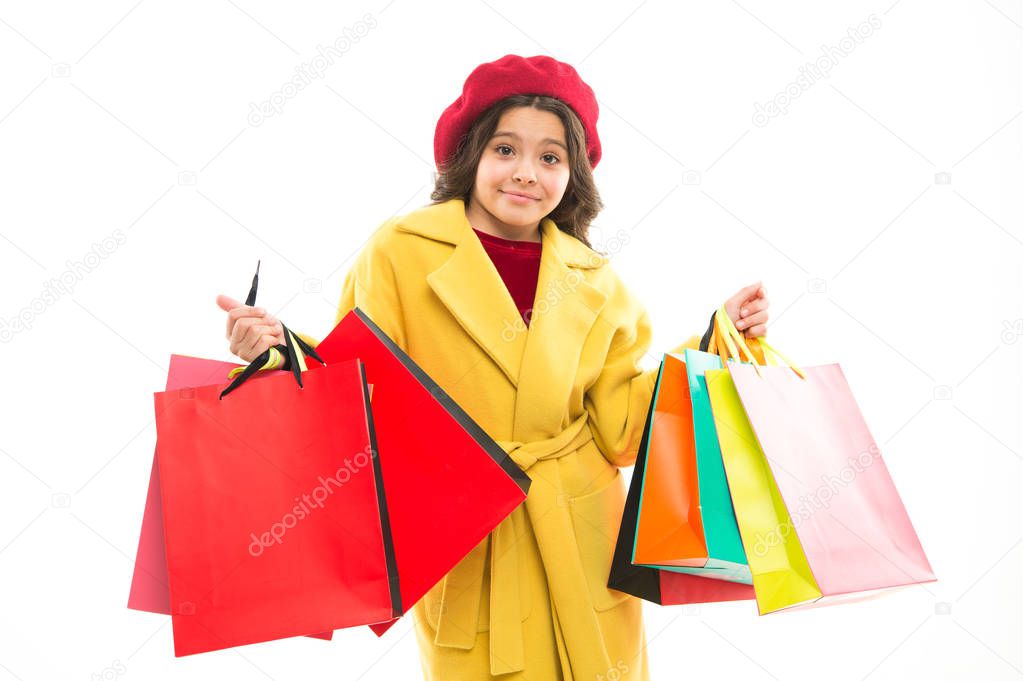 Sale discount. Shopping day. Happy smiling child hold packages. Tricks for profit. Favorite brands and hottest trends. Mid season sale. Girl with shopping bags. Shopping and purchase. Black friday