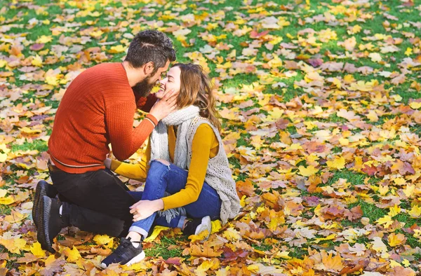 Hombre y mujer con caras felices en el fondo de los árboles de otoño — Foto de Stock