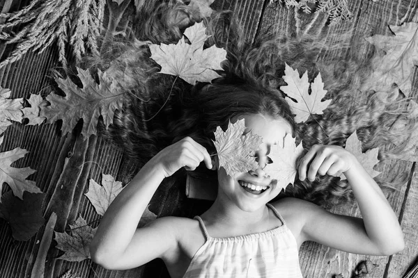孩子可爱的女孩玩树叶木背景的顶部视图。孩子长头发演奏与干燥叶子。秋天的舒适就在附近。孩子嬉戏的心情保持叶子。玩秋天季节休闲属性 — 图库照片