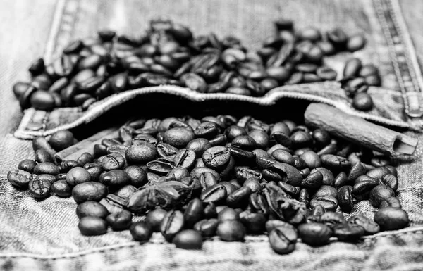 Coffee for inspiration and energy charge. Coffee shop or store. Texture and background concept. Fresh roasted coffee close up. Beans and spices in jeans pocket. Degree of roasting coffee beans
