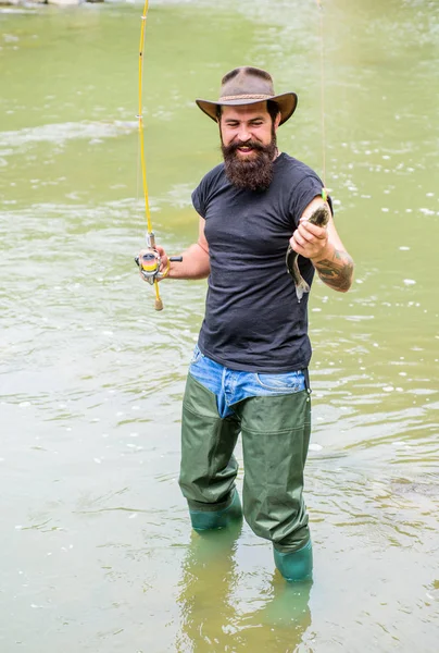 运动钓鱼。渔夫显示捕鱼技术使用杆。快乐的胡子渔夫在水中。爱好和体育活动。成熟的人飞钓鱼。男人抓鱼。夏季周末。飞钓 — 图库照片