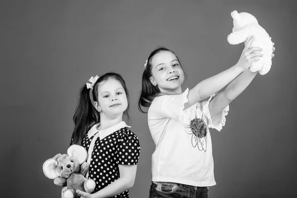 Excelencia en educación de la primera infancia. Las hermanas o los mejores amigos juegan con juguetes. Dulce infancia. Concepto de infancia. Niños adorables chicas lindas juegan con juguetes suaves. Feliz infancia. Cuidado de niños — Foto de Stock