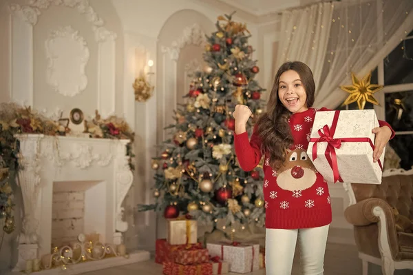 Niña le gusta regalo de Navidad. Navidad. El chico disfruta de las vacaciones. Feliz año nuevo. Pequeña chica feliz en Navidad. La mañana antes de Navidad. Vacaciones de año nuevo. La Navidad está aquí. Sorpresa. — Foto de Stock