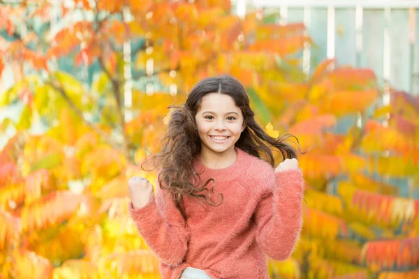 髪に風を。長いブルネットの髪の色鮮やかな葉を持つ幸せな小さな子供。小さなモデルの秋の外観。秋のヘアケアルーチン。秋の髪の手入れ — ストック写真