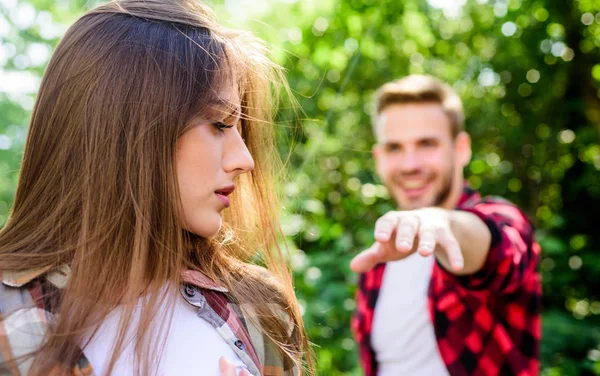 Come with me. first meet of couple outdoor. Relationship. couple in love. family weekend. romantic date. girl in selective focus with guy in park. happy valentines day. summer camping in forest — 스톡 사진