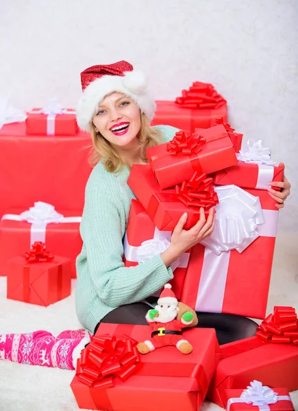 Santa bring her gift that she always wanted. Opening christmas gift. Girl near christmas tree happy celebrate holiday. Woman excited blonde hold gift box with bow. Perfect gift for girlfriend or wife