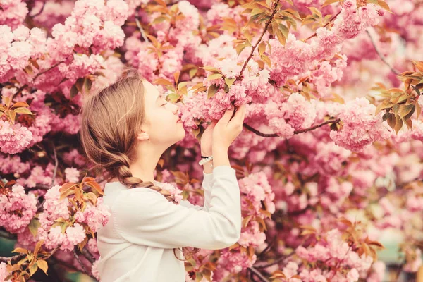 Tendre floraison. Le rose est la couleur la plus féminine. Lumineux et vibrant. Le rose est mon préféré. Petite fille profiter du printemps. Enfant sur des fleurs roses de fond d'arbre sakura. Enfant appréciant la fleur de cerisier rose — Photo