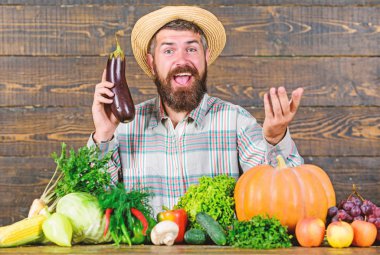 Organik Bahçecilik kavramı. Çiftçi organik sebzeler ile. Bahçe ve Tarım sistemleri özel teknikler reçete. Organik bitkileri büyümeye. Ev yapımı organik gıda. Sakal ahşap arka plan adamla