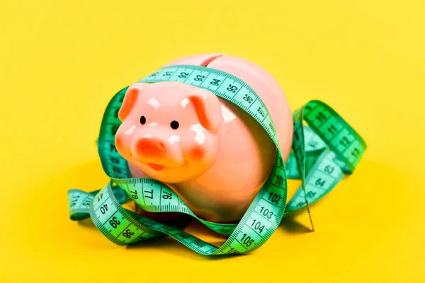 Piggy bank and measuring tape. Budget limit concept. Credit loan debt. Financial consulting. Economics and finances. Pig trap. Budget crisis. Planning budget. Business problem. Limited or restricted