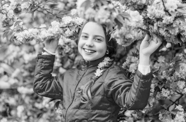 Rosa é o meu favorito. A menina gosta da primavera. Miúdo em flores cor-de-rosa de fundo sakura árvore. O miúdo gosta de flores cor-de-rosa. Flor suave. Rosa é a cor mais feminina. Brilhante e vibrante — Fotografia de Stock