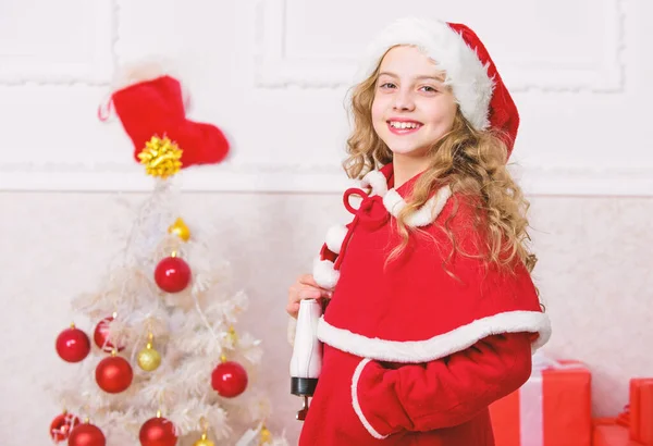 Christmas tradition holiday. Top christmas celebration ideas. Winter holidays concept. Merry christmas and happy new year. Enjoy christmas holidays. Child red santa costume ready to celebrate — Stock Photo, Image