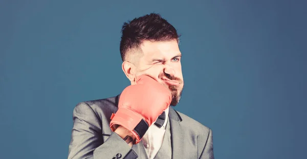 Challenging himself. powerful man boxer ready for corporate battle. businessman in formal suit and tie. knockout and energy. Fight. bearded man in boxing gloves punching. Business and sport success — Stock Photo, Image