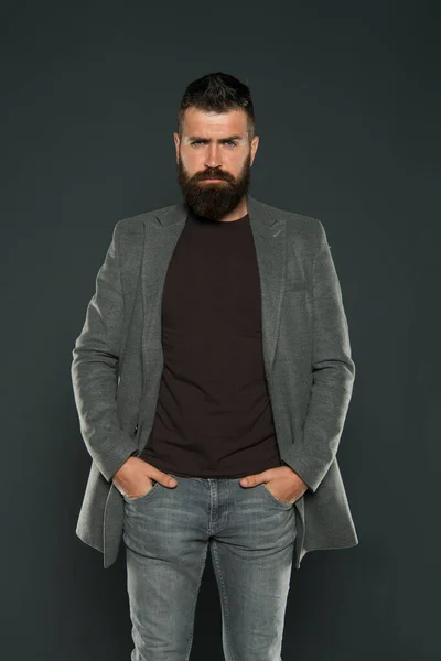 Monochrome style outfit. Classy but modern. Fashion outfit. Masculine look. Brutal hipster man. Hipster wearing casual clothes. Hipster beard and stylish haircut. Bearded man trendy hipster style — Stock Photo, Image