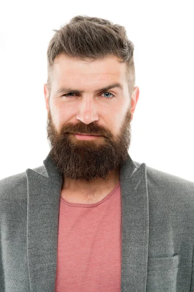 Dude fashion is pretty formulaic. Trendy hipster with mustache and long beard wearing fashion jacket and casual jeans. Bearded man in hipster fashion style. Man of fashion — Stock Photo, Image