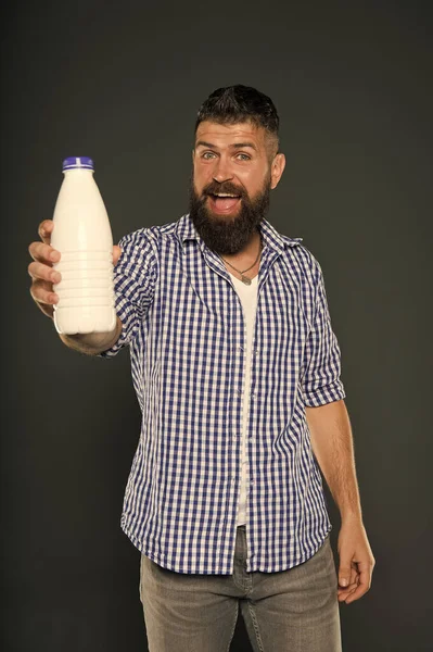 De beste drank voor je lichaam. Bearded man houdt fles melk drinken op grijze achtergrond. Happy hipster glimlachend met natuurlijke gezonde zuivel drank. Kaukasische kerel genieten van verse yoghurt drankje — Stockfoto