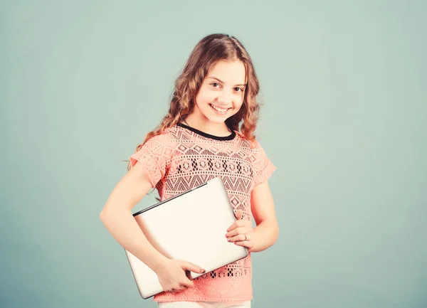 Little business lady. home schooling education. shopping online. school project. startup business. kid development in digital age. play computer games. happy little girl with laptop. her own business — Stock Photo, Image