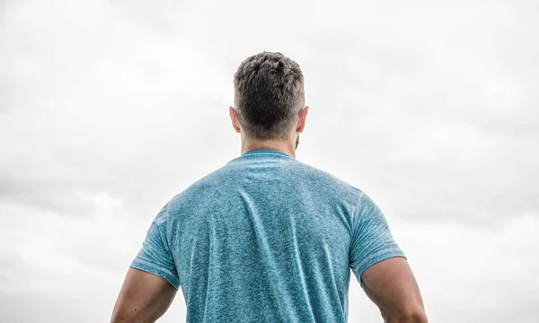 Muscular back man isolated on white. dreaming about future life. looking far in the future. thinking about possibilities. looking up on white background. loneliness. thinking or doubting — Stock Photo, Image