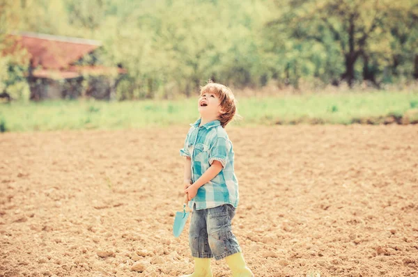 Маленький помощник в саду. Мальчик сажает цветок в поле, копает землю. Работать на ферме. Материнская природа. Сажаем саженцы. Ребенок веселится с маленькой лопатой и растением в горшочке. Посадка в поле — стоковое фото