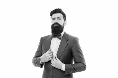 İşadamı modaya uygun kıyafet beyaz izole. Adam sakallı hippi giyim Klasik takım elbise. Resmi kıyafeti. Takım çok iyi bak. Şıklığı ve erkek tarzı. Moda kavramı. Erkek giyim moda