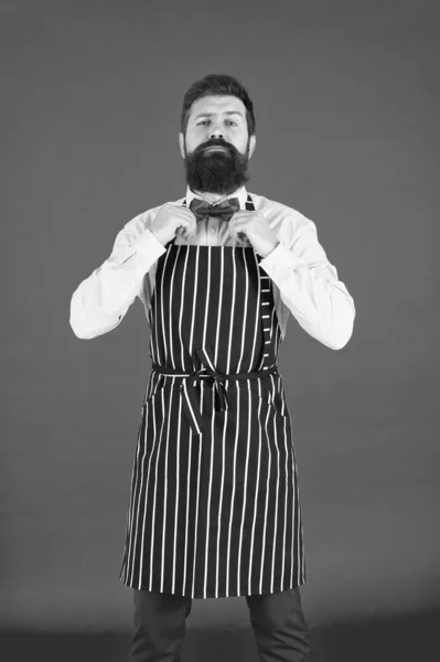 His style works really well to compliment beard. Bearded man fixing bow tie in bib apron. Elegant hipster with bearded face. Bearded bartender or cook in work uniform. Long bearded waiter or servant