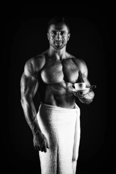 Man muscular fit bare torso. Athlete with six pack and ab muscles. Sport and fitness. Body hygiene concept. Bodybuilder naked body. Morning coffee. Sexy sportsman wipe body towel after shower — Stock Photo, Image