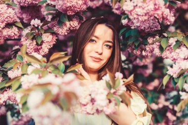 Yumuşak ve yumuşak. Cilt için doğal kozmetik. Çiçek cenneti. Kiraz çiçeği çiçeğindeki kız. Sakura ağacı açıyor. Kozmetik konsepti. Muhteşem çiçek ve kadın güzelliği. Bahar çiçek çiçek kadın