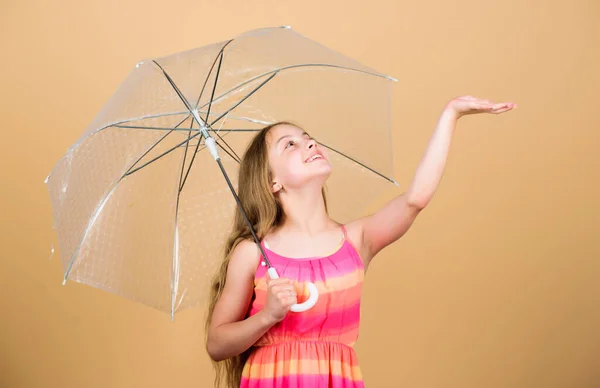 雨の日を楽しむ。目に見えない保護。季節の変化。秋だ。雨のコンセプトをお楽しみください。防水アクセサリー。雨の日が来る。雨の日が大好きです。子供の女の子幸せなホールド透明傘 — ストック写真