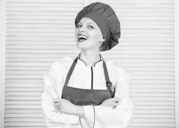 Culinary show concept. Woman pretty chef wear hat and apron. Delicious and easy recipes. Best culinary recipes to try at home. Professional culinary tips. Lady adorable chef teach culinary arts — Stock Photo, Image