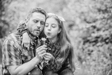 Mutlu aile tatilleri. Baba ve küçük kız yaz tatilinin tadını çıkarıyorlar. Baba ve kızı karahindiba tohumları saçıyor. Alerjinin hayatını mahvetmesine izin verme. Mevsimsel alerji konsepti. Alerjiler geçer.