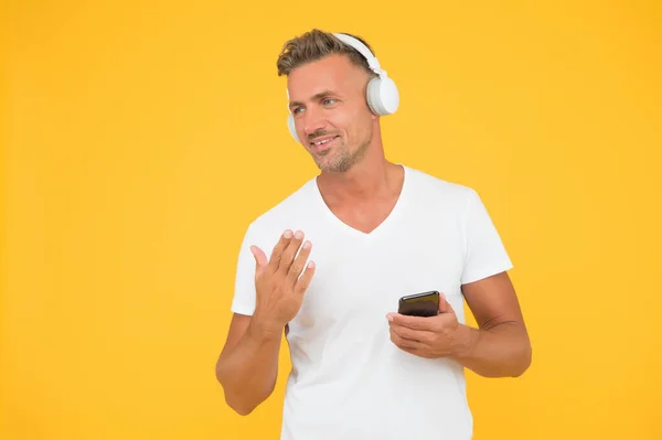 Favorite music playlist. Music subscription. Man listen music modern headphones and smartphone. Listening concept. Best music apps. You should listen this song. Guy modern user mobile application — Stock Photo, Image