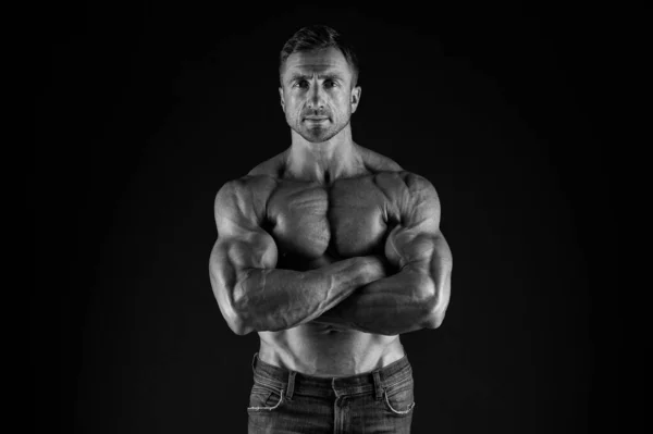 Masculinity and sport. Improve yourself. Man muscular athlete. Macho handsome with muscular torso. Attractive guy muscular body. Proud of excellent shape. Healthy and strong. Bodybuilder concept — Stock Photo, Image