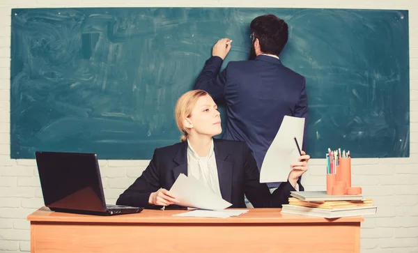 Worried about his exams. teacher and student on exam. businessman and secretary. business couple use laptop and documents. paper work. office life. back to school. formal education — Stock Photo, Image