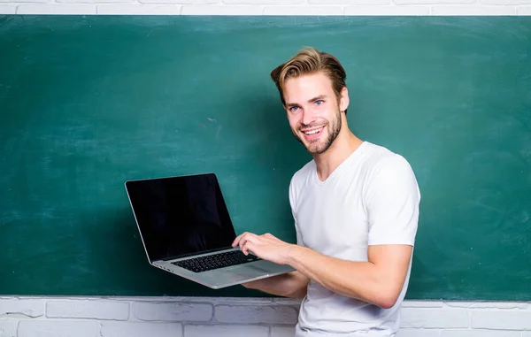 School teacher programming with laptop. Student learn programming language. Programming web development. Digital technology. Apply online course for programmers. Handsome man use modern technology