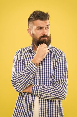 Zevkin için sakallı. Sarı zeminli sakallı adam. Sakallı hipster traşsız çenesine dokunuyor. Sakallı yüzünde bıyıklı ve sakallı vahşi beyaz adam