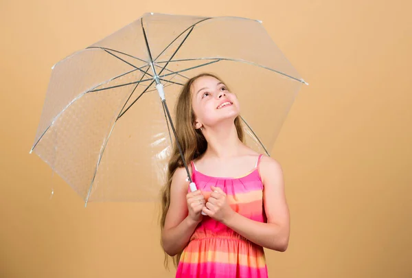 Säsongsförändringar. Höstsäsong. Njut av regnkonceptet. Vattentätt tillbehör. Regniga dagar kommer. Älskar regniga dagar. Ungen flicka gärna hålla transparent paraply. Njut av regnigt väder. Osynligt skydd — Stockfoto