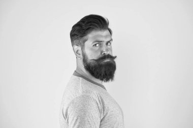 Bıyık larını büyüt. Bıyıklı adam sakallı hipster. Sakal ve bıyık damat kılavuzu. Hipster yakışıklı sakallı çekici adam sarı arka plan. Berber dükkanı konsepti. Bıyık yetiştirme ve bakım