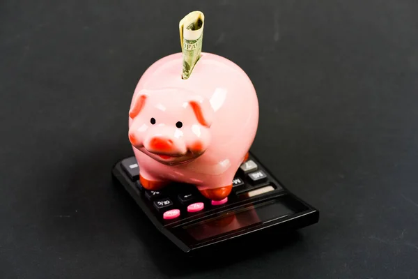 Financial wellbeing. Savings account. Money savings. Piggy bank pink pig stuffed dollar banknote and calculator. Savings deposit is convenient flexible way depositing savings. Economics and finance