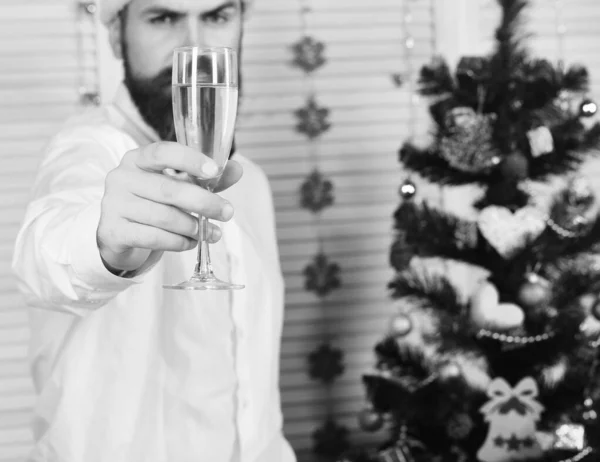 Homme à la barbe tient un verre de champagne. — Photo