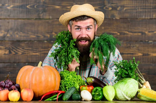 Εξαιρετικής ποιότητας λαχανικά. Άνθρωπος με γενειάδα περήφανος για τη συγκομιδή λαχανικών ξύλινο υπόβαθρο του. Αγρότης με βιολογικά λαχανικά. Μόνο από τον κήπο. Η ιδέα του παντοπωλείου. Αγοράστε φρέσκα λαχανικά εγχώριας καλλιέργειας — Φωτογραφία Αρχείου