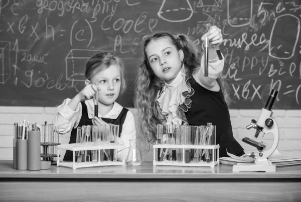 Szeretjük a tudomány. Iskolás gyermekek végző kísérlet tudományos osztályteremben. Kislányok tudósok gazdaság kémcsöveket a leckét a természettudomány. Tudományügyi laboratórium iskolai és oktatási — Stock Fotó