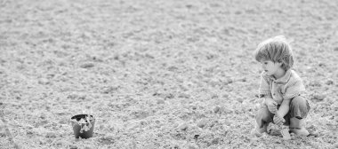 Çocuk küçük kürek ve saksıda bitki ile eğleniyor. Tarlaya dikim. Bahçede küçük bir yardımcı. Tarlakazma alanına çiçek eken çocuk. Doğa ana konsepti. Çiftlikte çalış. Dikim fidesi