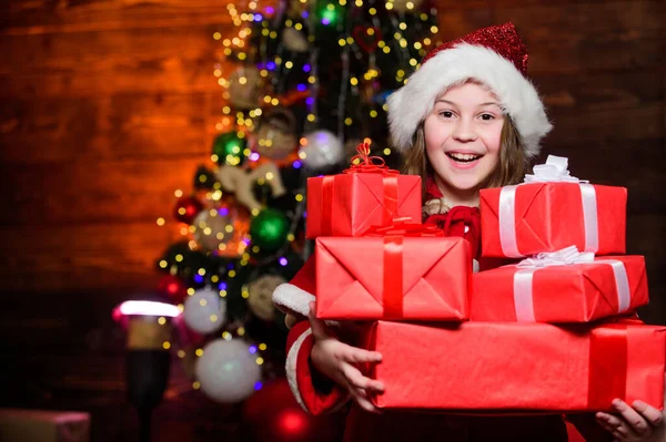 Open gift. Happy moments. Winter season sale. Shopping and discount. Christmas is time for giving. Festive atmosphere christmas day. Girl santa claus costume hold christmas gift box. Buy gift now — Stock Photo, Image