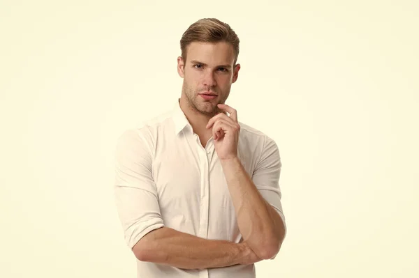 What if. Guy bearded thoughtful touches bristle on chin. Thoughtful mood concept. Man with beard or unshaven guy thinking about. Need to think. Man with bristle serious face thinking white background — Stock Photo, Image