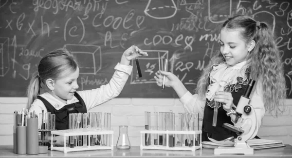 Iskola laboratóriumi partnerek. Gyerekek elfoglalt-val kísérlet. Kémiai elemzés és megfigyelő reakció. Kémcsövek, színes anyagokkal. Iskola laboratóriumi berendezések. Lányok iskolai kémia óra — Stock Fotó