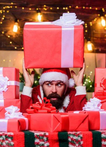 huge pleasure. bearded man. happy new year. Xmas present box. winter shopping sales. Cheerful elf. christmas gift delivery. Cyber Monday. hipster santa hat. Christmas shopping