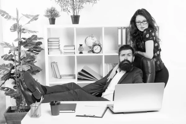 Modern business couple working office. Business people concept. Business couple in office. Man and attractive woman. Boss manager director and ceo position. Business man secretary. Job and career